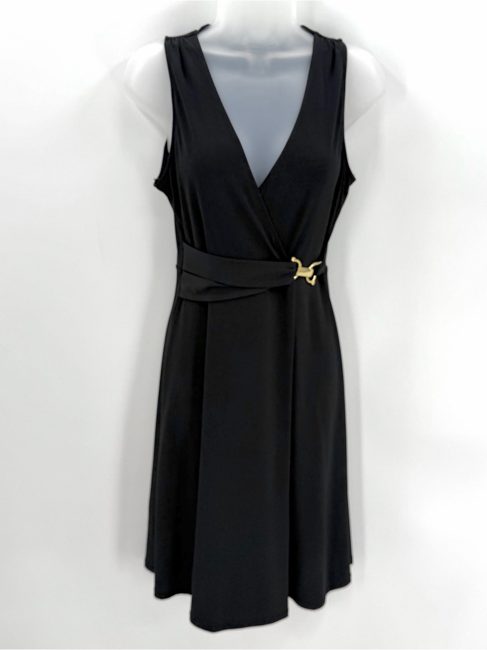 NY&Co Dress Womens XS Black Faux Wrap Gold Buckle Vneck A-Line- flaw